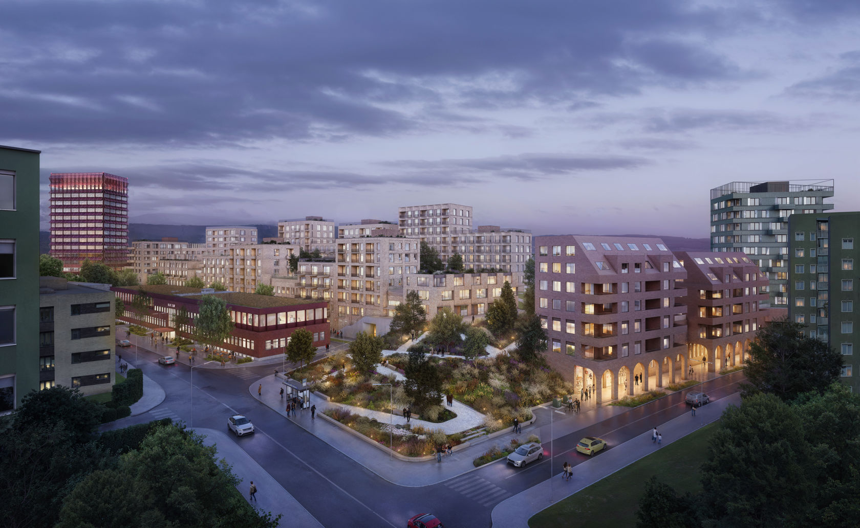 En arktitektskisse av en ny byddel. Det er biler på veien inn til et veikryss foran bygninger i skumringen.