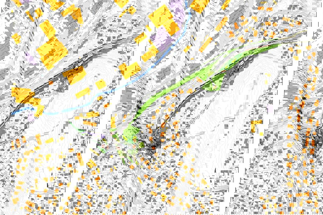 Kartet viser prosjektområdet for Østensjøbane-prosjektet, fra Brynseng i vest til Hellerud i øst.