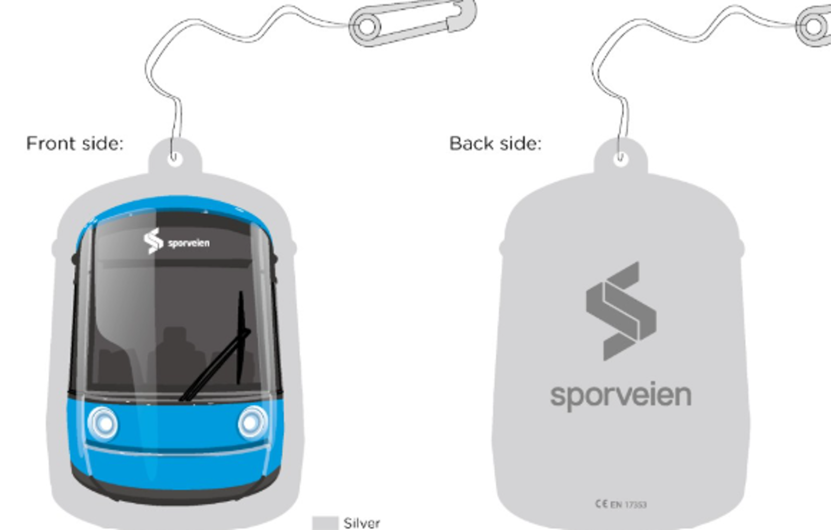 Bilde av en refleks som er formet som en trikk. På den ene siden av refleksen er det et bilde av trikken, den andre siden er grå og har Sporveien sin logo.